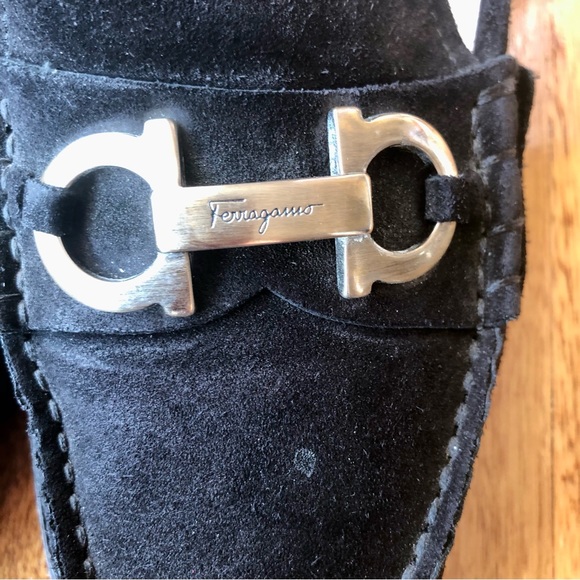 Salvatore Ferragamo black suede loafers with silver Gancini logo - Picture 6 of 10
